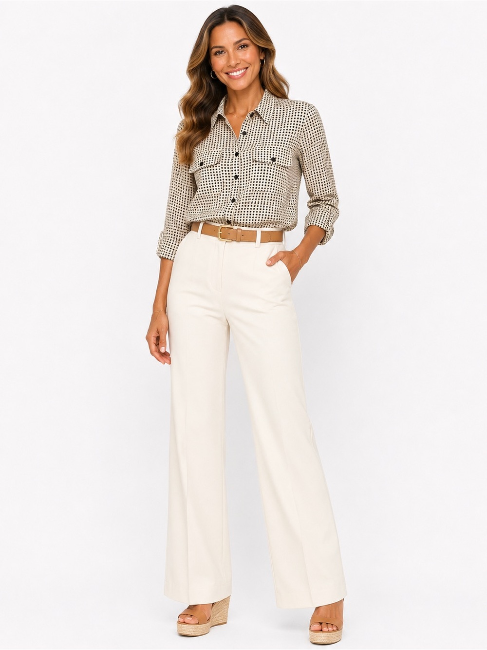 Notations Beige and Black Micro-Check Button Front Shirt - Picture 1 of 5